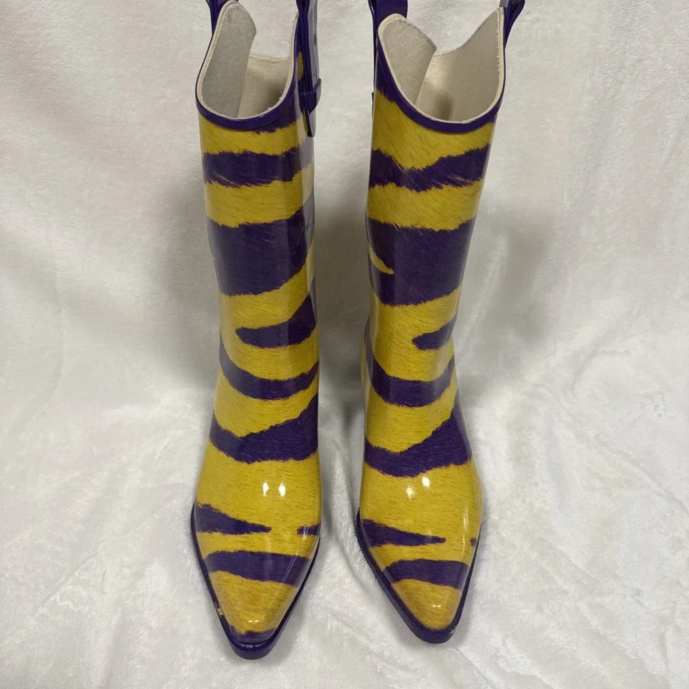 MyGameBoots Purple Gold Western Rain Boots Womens 6 Cowboy Rubber LSU